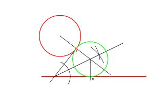 Circumferència tangent a una recta i una altra circumferència coneixent el punt de tangència amb la circumferència.