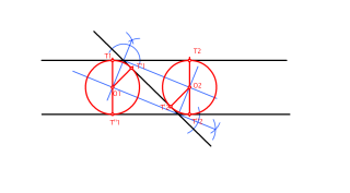 9.- Trazar las circunferencias tangentes a tres rectas dadas, siendo dos de ellas paralelas y la tercera secante.