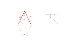 Marraztu triangelu isoszelea, oinarria c = 52 mm eta erdibideko berdinak m = 48 mm ezagutuz.