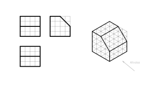 Marraztu perspektiba isometriko honen 3 bista (altxatua, planta eta alboko altxatua) 2