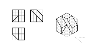 Marraztu perspektiba isometriko honen 3 bista (altxatua, alboko altxatua eta planta)