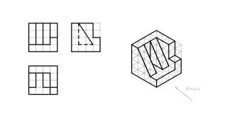 Marraztu perspektiba isometriko honen 3 bista (altxatua, alboko altxatua eta planta)