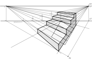 PERSPECTIVA CÓNICA DE LA ESCALERA CON PELDAÑOS DE ALTURA 75 MM Y ESQUIBN EN EL PLANO DEL CUADRO A ALTURA DE 30 MM. 