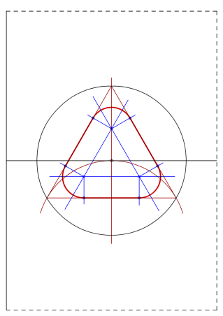 Dibuja el siguiente triángulo equilátero inscrito en la circunferencia propuesta y enlaza sus lados mediante arcos de radio 2 centímetros.