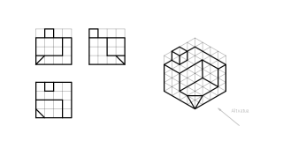 Marraztu perspektiba isometriko honen 3 bista (altxatua, alboko altxatua eta planta)