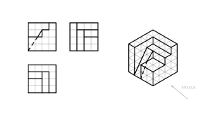 Marraztu perspektiba isometriko honen 3 bista (altxatua, alboko altxatua eta planta)