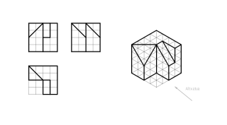Marraztu perspektiba isometriko honen 3 bista (altxatua, alboko altxatua eta planta)