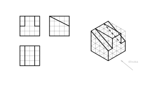 Marraztu perspektiba isometriko honen 3 bista (altxatua, alboko altxatua eta planta)