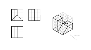 Marraztu perspektiba isometriko honen 3 bista (altxatua, alboko altxatua eta planta)