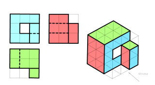 Marraztu perspektiba isometriko honen 3 bista (altxatua, alboko altxatua eta planta)