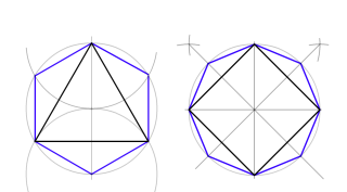 Dividir una circunferencia en 3, 6, 4 y 8 partes iguales.