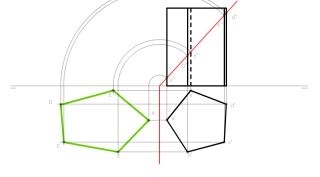 sección de un prisma de base pentagonal por un plano proyectante vertical