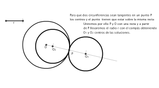 Trazar las circunferencias de radio r tangentes a una circunferencia en un punto P.