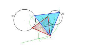 Trazar un triángulo equilátero que teña un vértice no punto A e os outros dous en cada unha das circunferencias dadas
