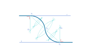 Enllaç de dues rectes r i s paral·leles mitjançant dos arcs del mateix radi donats els punts de tangència T1 i T2