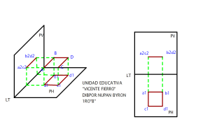 PROYECTAR UN CUADRADO DE 20mm PARALELA  AL PLANO HORIZONTAL  A PH Y PV COTA :25 ALEJAMIENTO 25
