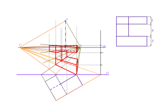 Perspectiva cónica de un sólido apoyado en el plano geometral detrás del plano del cuadrado.