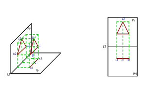 PROYECTAR UN TRIANGULO EQUILATERO AL PLANO HORIZONTAL Y VERTICAL COTA:25 mmALEJAMIENTO: 25 mmLADO DEL TRIANGULO: 25 mm