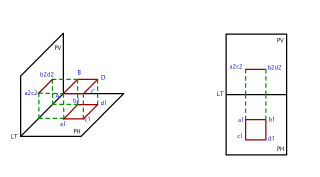 PROYECTAR UN CUADRADO DE 20mm  PARALELO AL PLANO HORIZONTAL   A  PH Y PV   COTA  25 ALEJAMIENTO 25