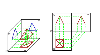 PROYECTAR UNA PIRAMIDE DE BASE CUADRADA A LOS TRES PLANOSLADO DE LA BASE 25 ALTURA DE LA PIRAMIDE 25