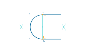Enllaç de dues rectes paral·leles r i s mitjançant un arc de circumferència