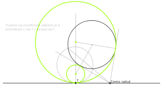 12.1.- Trazar las circunferencias tangentes a la circunferencia, la recta y el punto siendo este un punto de tangencia sobre la recta (CPR, caso parti