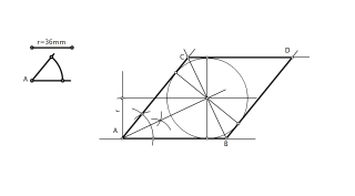 Rombo dado el ángulo entre sus lados y el radio de la circunferencia circunscrita