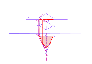 Conocida las proyecciones de la pirámide recta con una arista de perfil y el plano P horizontal, determinar la sección producida. (Método Giro)