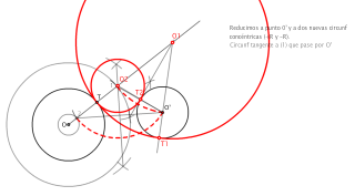 CTG2EL_CC Circunferencias tangentes a dos circunferencias, dado el punto de tangencia T. Resolución por dilatación.