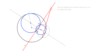 Tangencia por potencia. Trazar circunferencias tangentes a otra dada y que pasan por dos puntos.