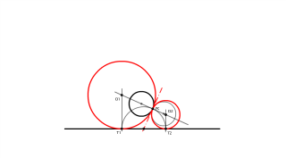 Circunferencias tangentes a una recta y a otra circunferencia en un punto de ella. (Por potencia). Caso 15