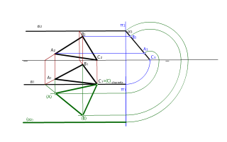 Hallar la proyección horizontal y la verdadera magnitud del triángulo contenido en el plano alfa (Plano de perfil)