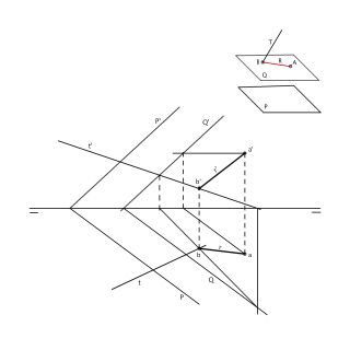 Trazar la recta R paralela al plano P por un punto A y que se corte con la recta T.