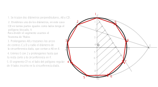 DIVISIÓN DE UNA CIRCUNFERENCIA DE RADIO 40 MM EN UN NÚMERO CUALQUIERA DE PARTES IGUALES. En este caso, 9. 