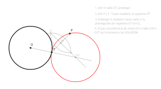 Trazar circunferencia tangente a la dada y al punto P y que pase por T.