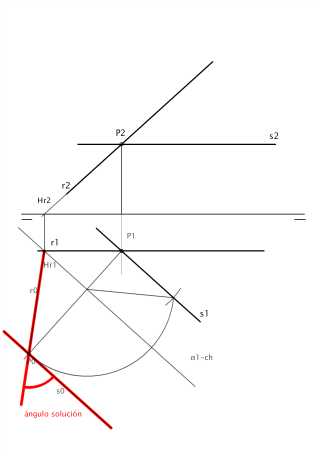 Dadas las rectas r y s, que se cortan en el punto P, hallar la verdadera magnitud del ángulo que forman entre ellas.