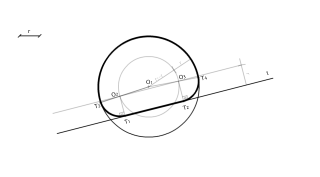 Enlace recta y circunferencia mediante arcos tangentes interiores de radio conocido.