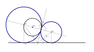 Circunferencia tangente a otra y a una recta, conociendo el punto de tangencia en la circunferencia