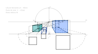 Perspectiva cónica frontal de tres cubos