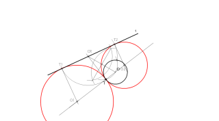 (prc) Dibuja las circunferencias tangentes a la recta r y tangentes también a la circunferencia de centro O en el punto T.