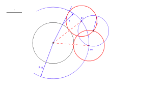 Circunferencias tangentes a otra y un punto exterior. Radio dado menor