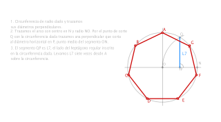 Trazado del heptágono regular inscrito en una circunferencia de radio 50 mm. 